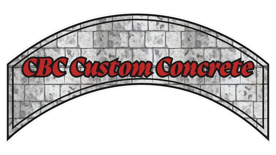 CBC Custom Concrete logo: red script lettering on a stamped stone arch